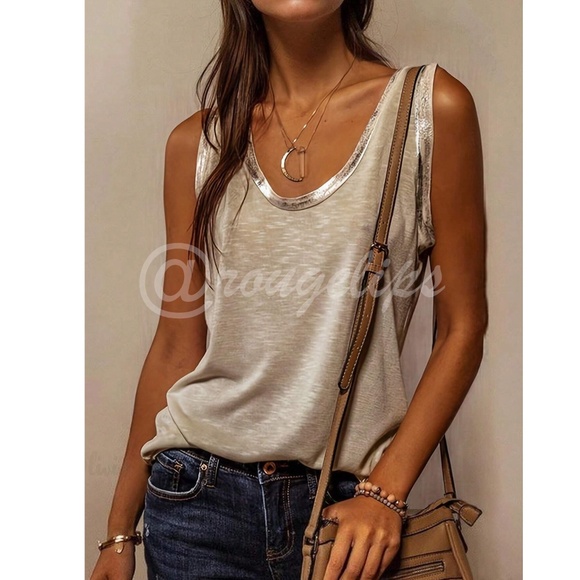Rouge! Tops - Beige Tank Top Gold Piping Trim